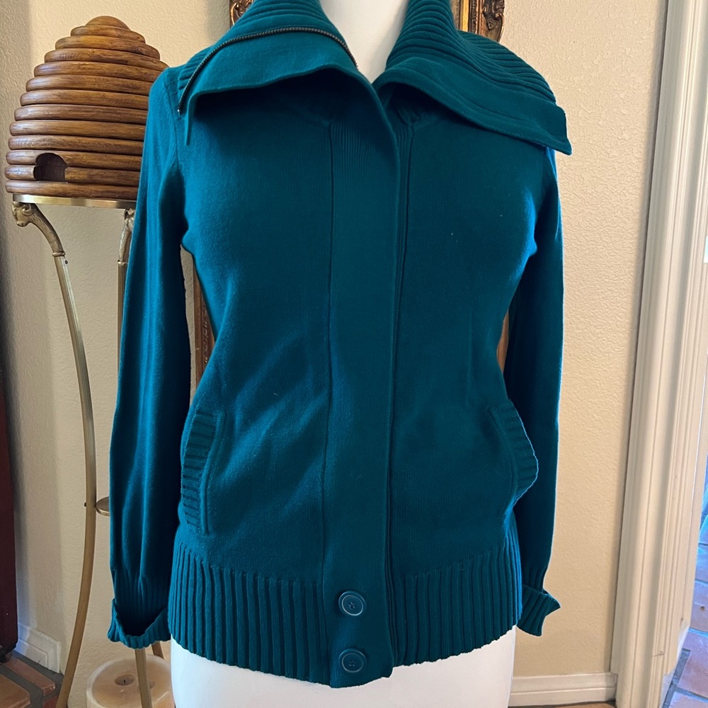 Caslon Womens Blue Zip Up Sweater Long Sleeve Collared  Front Pockets Size L